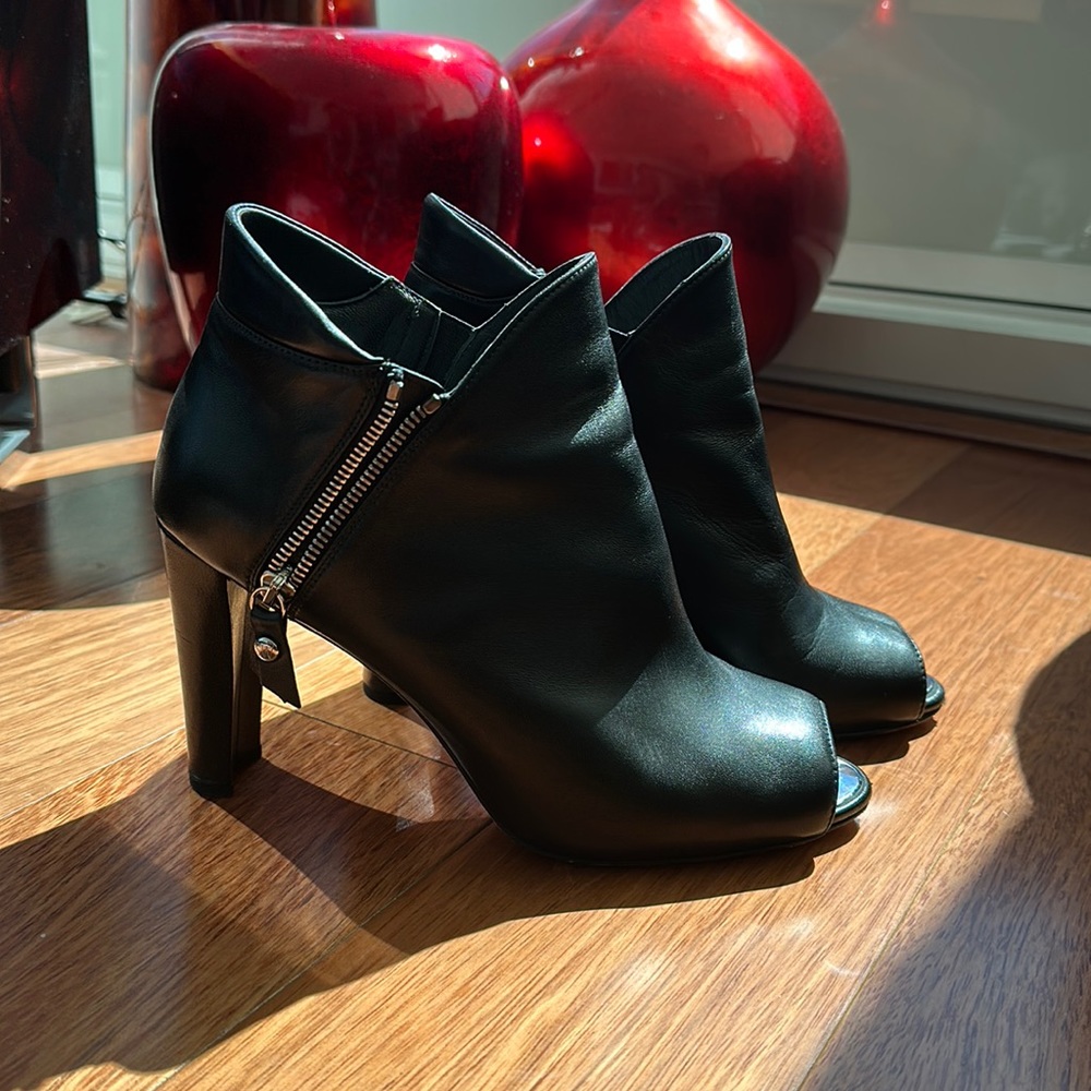 Stuart Weitzman Jump Peep toe (with metal accents) black ankle boots, size 9.5
